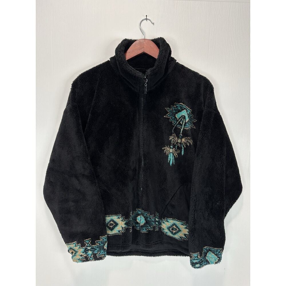 Vintage Bear Ridge Outfitters Mens Small Aztec Western Fleece Jacket Black Zip